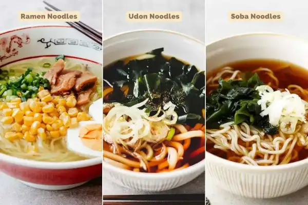 Trzy miski z japońskimi zupami: ramen, udon i soba, z różnymi dodatkami.