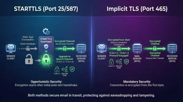 STARTTLS (Port 25/587) vs Implicit TLS (Port 465) – porównanie bezpieczeństwa poczty e-mail.