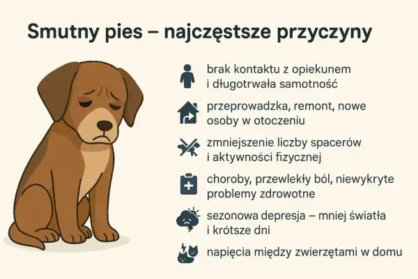 Smutny pies piszczy i jest niespokojny z powodu samotności, zmian w otoczeniu, braku ruchu, bólu lub depresji.