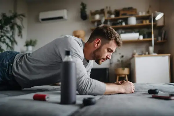 Un homme en position de planche, réfléchissant à comment faire du sport quand on a pas le temps. Une bouteille d'eau et un téléphone sont à proximité.