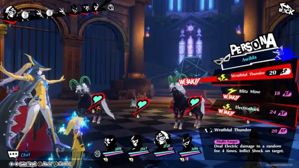 W walce w Persona 5 x, Awilda atakuje słabe kozy. Wybierz umiejętność "Wrathful Thunder" dla 20 SP.