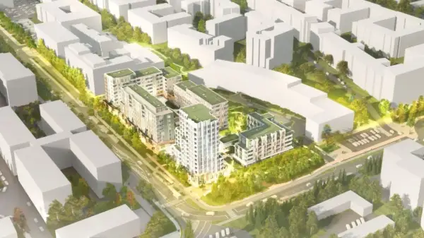 Wizualizacja osiedla mieszkaniowego. Nowoczesne budynki z zielonymi dachami, otoczone drzewami i terenami zielonymi. Projekt dewelopera Lex.