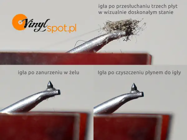 Jak czyścić igłę gramofonową: porównanie stanu igły po przesłuchaniu płyt, zanurzeniu w żelu i czyszczeniu płynem.