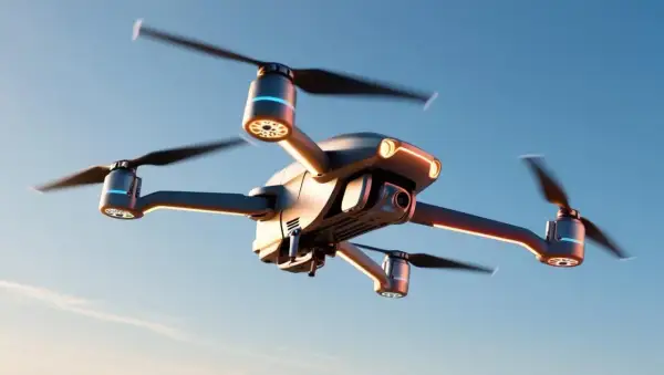 Un drone moderno in volo, con luci LED accese, pronto per riprese aeree mozzafiato.