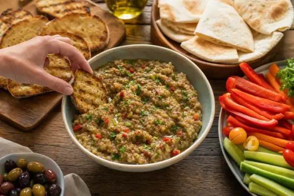 Une main trempe un pain grillé dans un bol de caviar d'aubergine, entouré de crudités, de pain pita et d'olives.