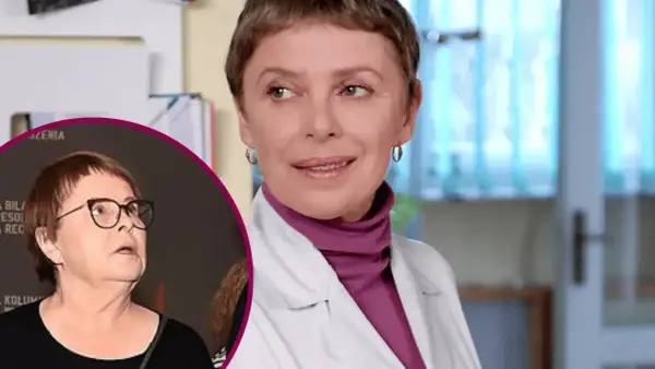 Gwiazda reality show w białym kitlu i fioletowym golfie. W tle widać fragment innej kobiety w okularach, co może być powodem nagłej hospitalizacji gwiazdy popularnego reality show.