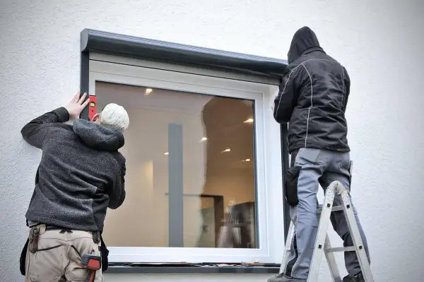 Zwei Handwerker führen die vorbaurollladen montage durch. Einer richtet mit Wasserwaage aus, der andere steht auf Leiter.