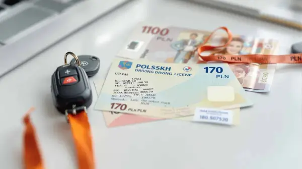 Kluczyki do samochodu i polskie prawo jazdy na samochód leżą obok banknotów.