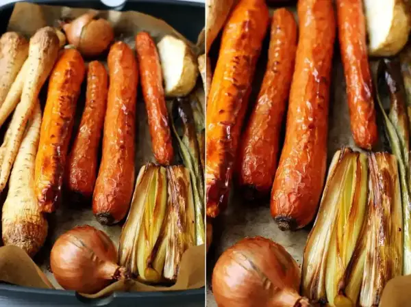Pieczenie warzyw na rosół: marchewki, pietruszka, cebula i por nabierają apetycznego koloru.