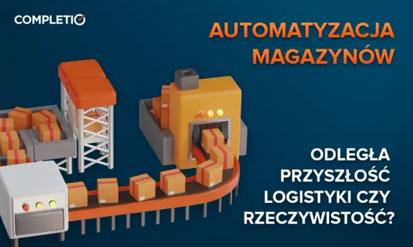 Ilustracja przedstawia zautomatyzowany system magazynowy z taśmociągami i paczkami.