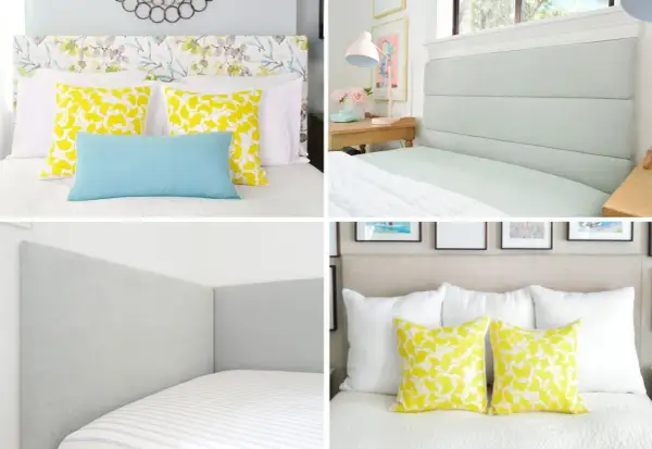 Four examples of DIY upholstered headboards: floral, paneled, corner, and tufted.