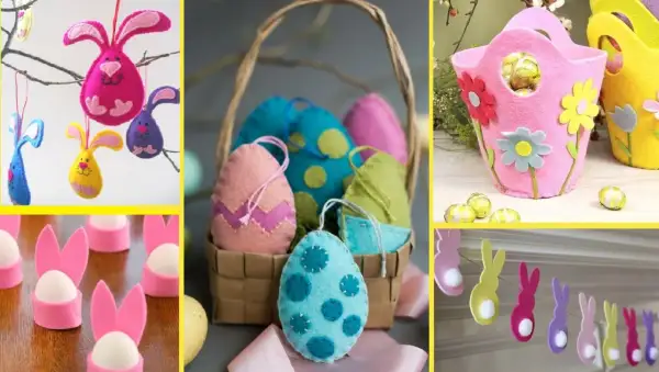 Lavoretti di Pasqua con pannolenci: coniglietti colorati, uova decorate e cestini floreali, perfetti per creare un'atmosfera festosa.