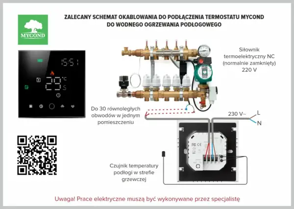 Schemat podłączenia termostatu Mycond do ogrzewania podłogowego. Pokazuje, jak działa czujnik temperatury podłogi, zasilanie 230V i siłownik.