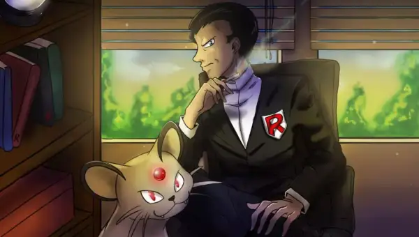 Giovanni z Pokémon GO, w garniturze z odznaką R, siedzi obok swojego Persian.