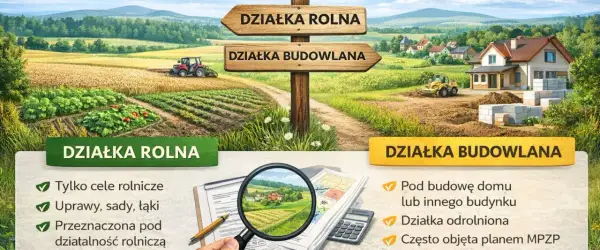 Rozdroże dróg: z jednej strony działka rolna z uprawami i traktorem, z drugiej działka budowlana z domem w budowie.