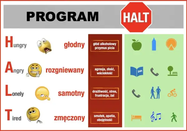 Program HALT: głodny, rozgniewany, samotny, zmęczony. Plan na wyjście z terapii zawiera zdrowe jedzenie, rozmowę, odpoczynek i aktywność.