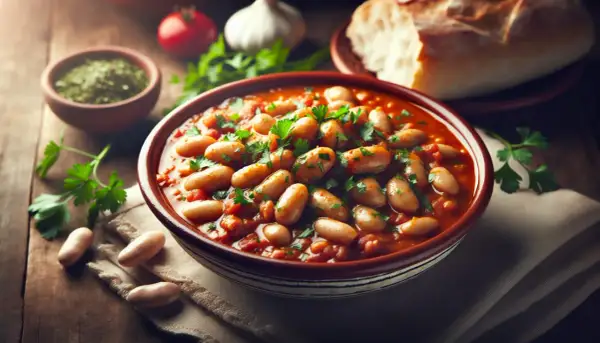 Un plat de loubia recette, des haricots blancs mijotés dans une sauce tomate savoureuse, garni de persil frais. Du pain et des épices en arrière-plan.