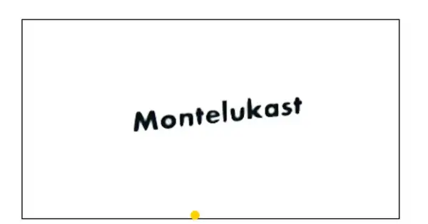 Napis "Montelukast" na białym tle. Mały żółty punkcik pod napisem.