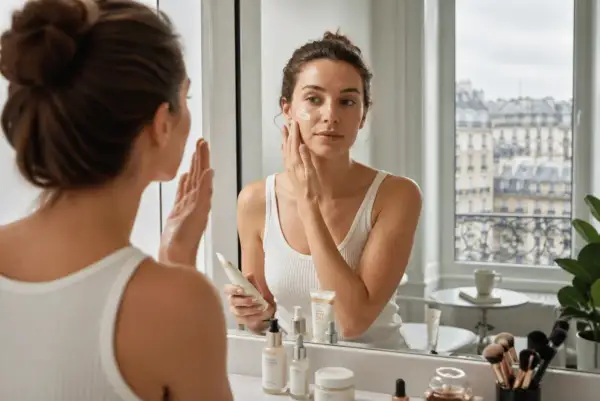 Une femme applique de la crème solaire sur son visage devant un miroir. C'est un bon rappel de quand mettre de la crème solaire pour protéger sa peau.