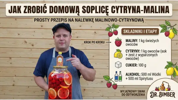 Mężczyzna w fartuchu wskazuje na słoik z malinami i cytrynami oraz małą butelkę Soplicy.