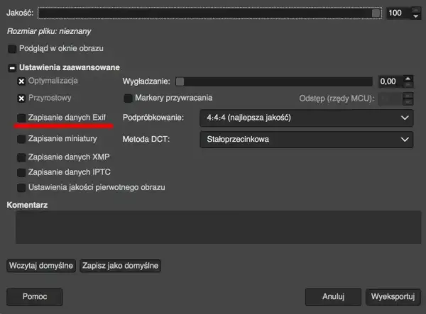 Zapisanie danych Exif jest zaznaczone. Ustawienia zaawansowane obejmują podpróbkowanie 4:4:4 i metodę DCT.