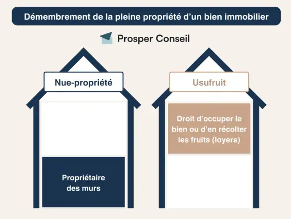 Schéma illustrant le démembrement de pleine propriété d'un bien immobilier, concept lié à l'article 1133 CGI. Il distingue la nue-propriété de l'usufruit.