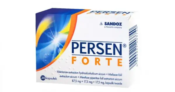 Opakowanie leku Persen Forte, zawierające 20 kapsułek. Sandoz.