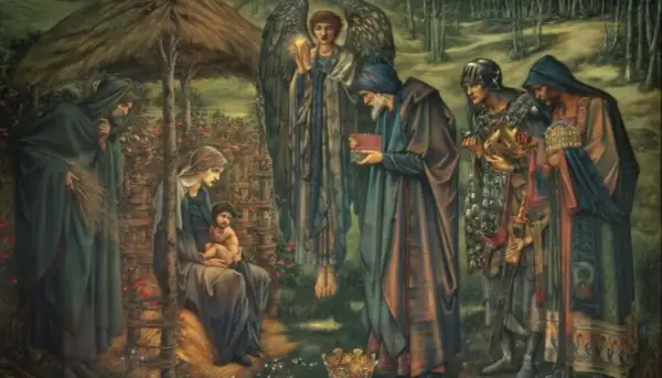 Narodziny Jezusa. Trzej królowie składają dary, anioł błogosławi, a Maryja tuli Dzieciątko.