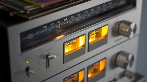 Klasy wzmacniaczy w retro sprzęcie audio. Wskaźniki VU świecą na pomarańczowo, a tuner pokazuje częstotliwość 94 MHz.