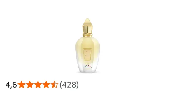 Elegancka butelka perfum Naxos Xerjoff, z płynem w kolorze złota i złotym korkiem.
