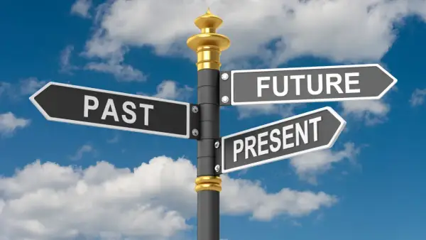 Señalización con flechas indicando "PAST", "PRESENT" y "FUTURE". Una metáfora visual para entender la diferencia entre el present perfect y el past perfect.