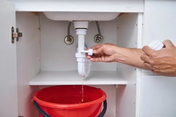 Mano che svita il tappo del foro troppopieno, acqua che gocciola in un secchio rosso.