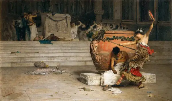 Een Bacchant met een tamboerijn, omringd door dronken figuren en een grote amfoor, na een wilde viering.