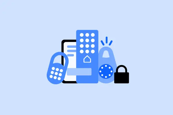 Icônes représentant un smartphone, un clavier numérique, un cadenas et une clé, symbolisant la sécurité et la gestion d'un smart lock Airbnb.