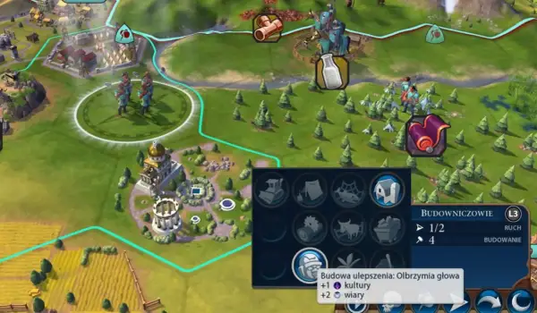 Gra Civilization VI: poradnik. Widok mapy z jednostkami, budynkami i menu budowniczych.