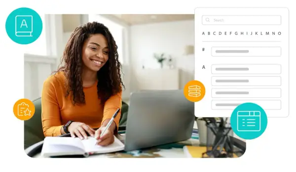 A woman smiles while working on her laptop, taking notes. Icons suggest a digital workflow, perhaps related to digital watermarking for content protection.