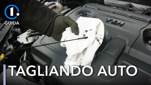 Guida per controllare l'olio motore: si può fare il tagliando da soli. La mano guantata pulisce l'astina dell'olio su un panno bianco.