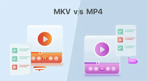 MKV vs MP4: A visual comparison of video file formats, showing playback controls and feature checklists.