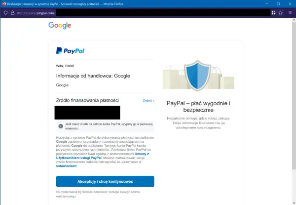 Potwierdzenie płatności przez PayPal dla Google. Dowiedz się, jak placic paypalem, akceptując warunki.
