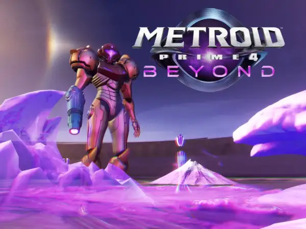 Samus Aran w lśniącej zbroi na fioletowej, krystalicznej planecie. Logo Metroid Prime 4: Beyond w tle.