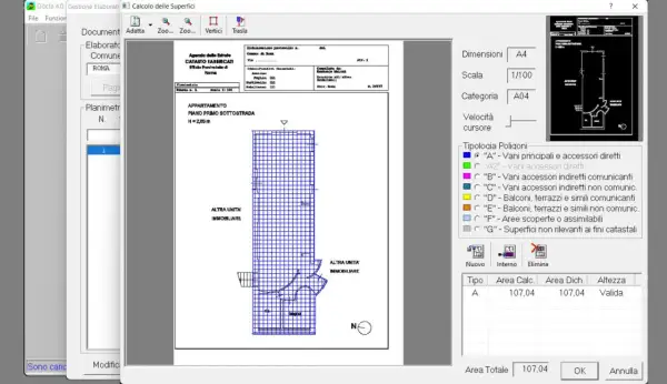 Schermata del software Docfa 4.0 per il nuovo catasto edilizio urbano, con planimetria e dati di calcolo.