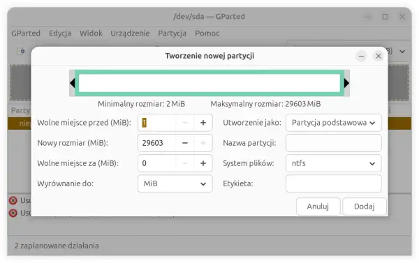 GParted: tworzenie nowej partycji na pendrive. Ustawianie rozmiaru, systemu plików ntfs i nazwy.