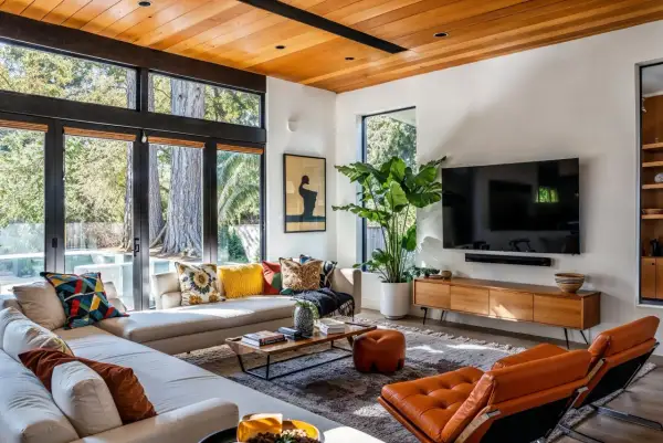 A living room showcasing mid-century modern architecture with large windows, a sectional sofa, and iconic orange leather chairs.