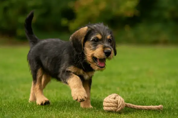 Un adorable chiot griffon nivernais poil court, tout noir et brun, joue avec une corde sur l'herbe verte.