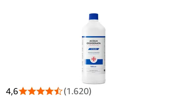 Flacone di acqua ossigenata (perossido di idrogeno) da 1000 ml, ideale per la sanificazione. Valutazione 4,6 stelle.