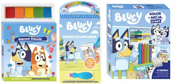 Zestawy Bluey: kolorowanki wodne wielokrotnego użytku z magicznym pisakiem i kolorowe paluszki do zabawy.