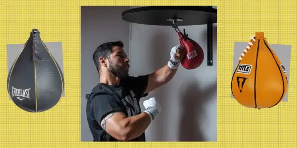 A boxer practices speed bag combos with a red Title bag. An Everlast bag is on the left, and an orange Title bag on the right.