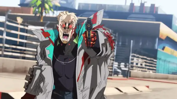 Ein blutverschmierter Mann mit roten Augen und einem Schrei zielt mit einer Waffe. Er könnte ein Charakter aus Cyberpunk Edgerunners Season 2 sein.