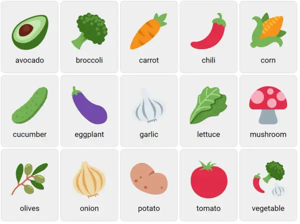 Tarjetas con imágenes de aguacate, brócoli, zanahoria, chile, maíz, pepino, berenjena, ajo, lechuga, champiñón, aceitunas, cebolla, patata, tomate y una verdura.