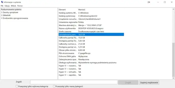 Podsumowanie systemu: zainstalowana pamięć RAM w laptopie to 16,0 GB.